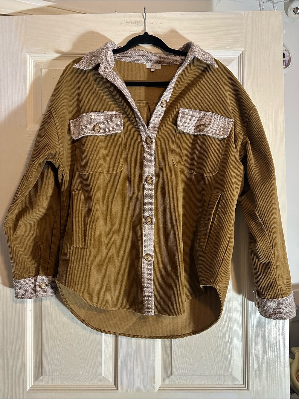 Voy Corduroy Shacket Jacket - Tan with Cream Trim
